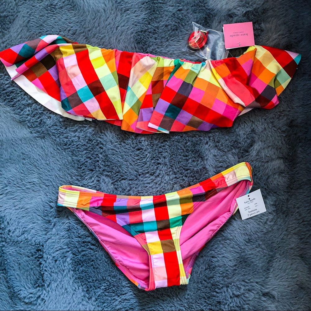 Kate Spade Garden Plaid Bandeau Bikini L- NWT